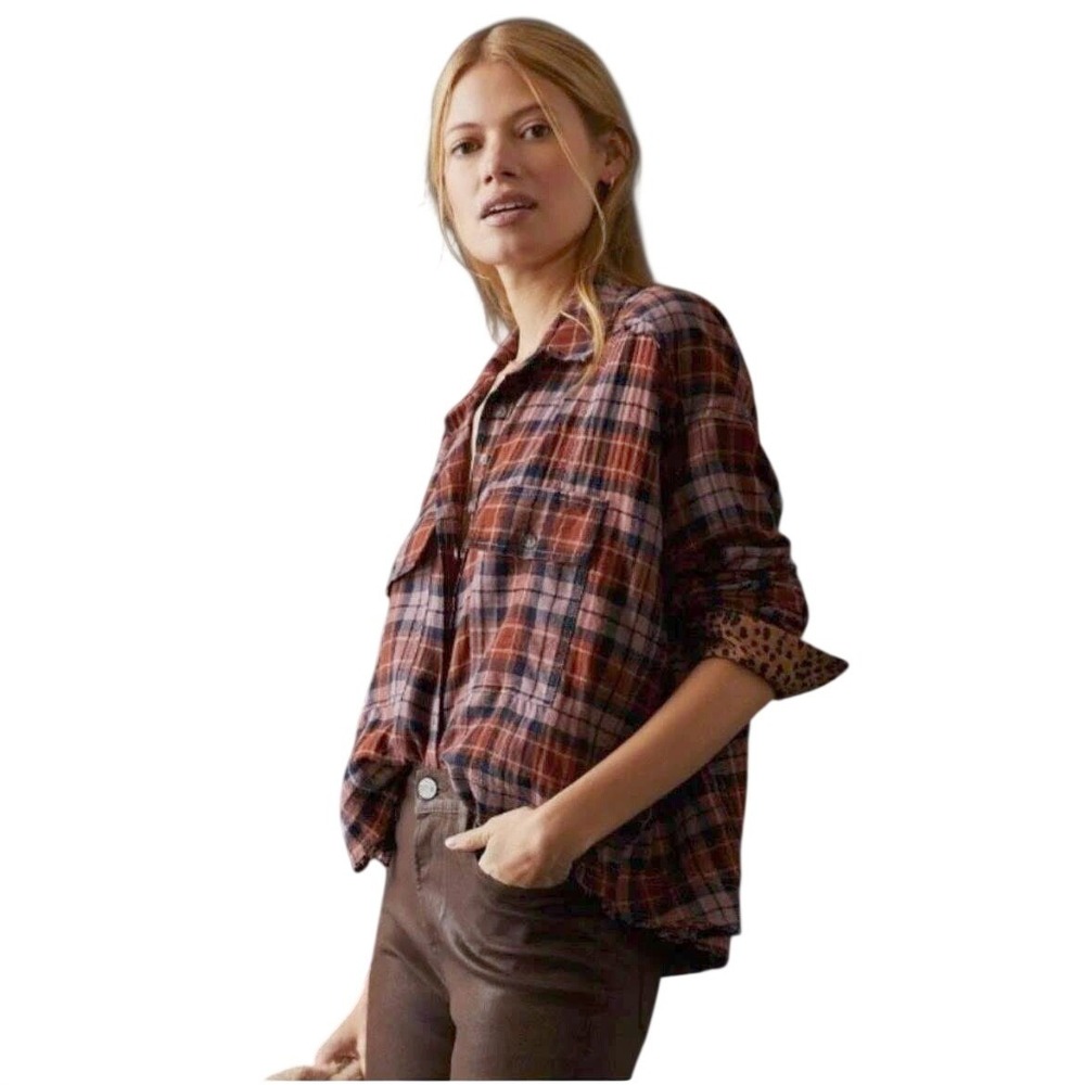 Pilcro High Low‎ Raw Hem Flannel Pink Combo L